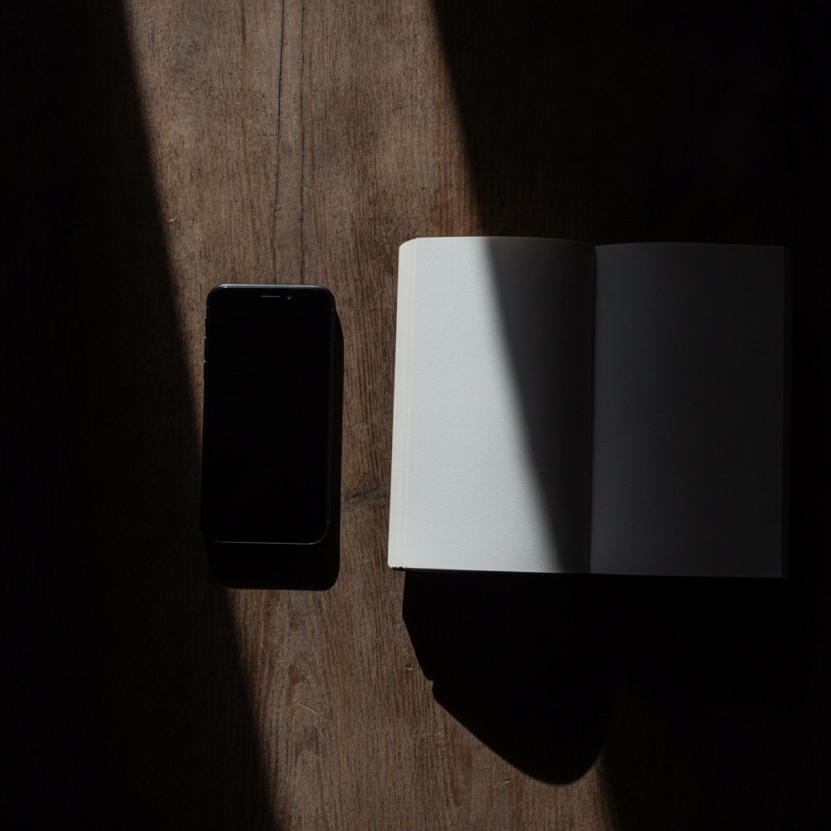 A phone lying face down next to a paper book, shot with flash