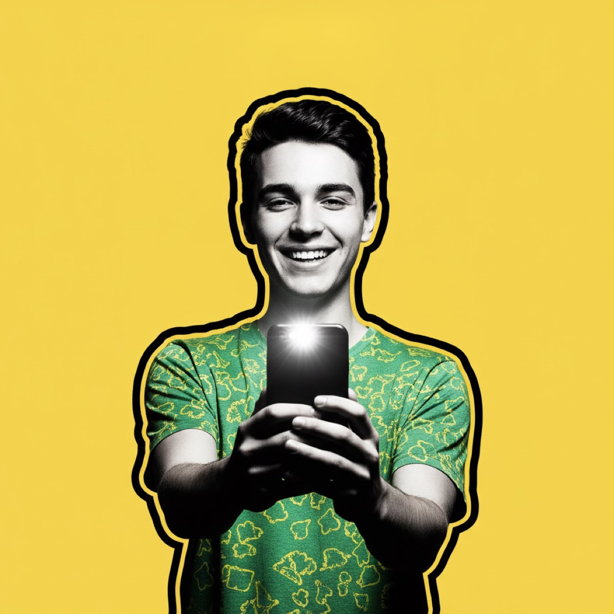 A grinning young man holding his phone up, cut out on a yellow background